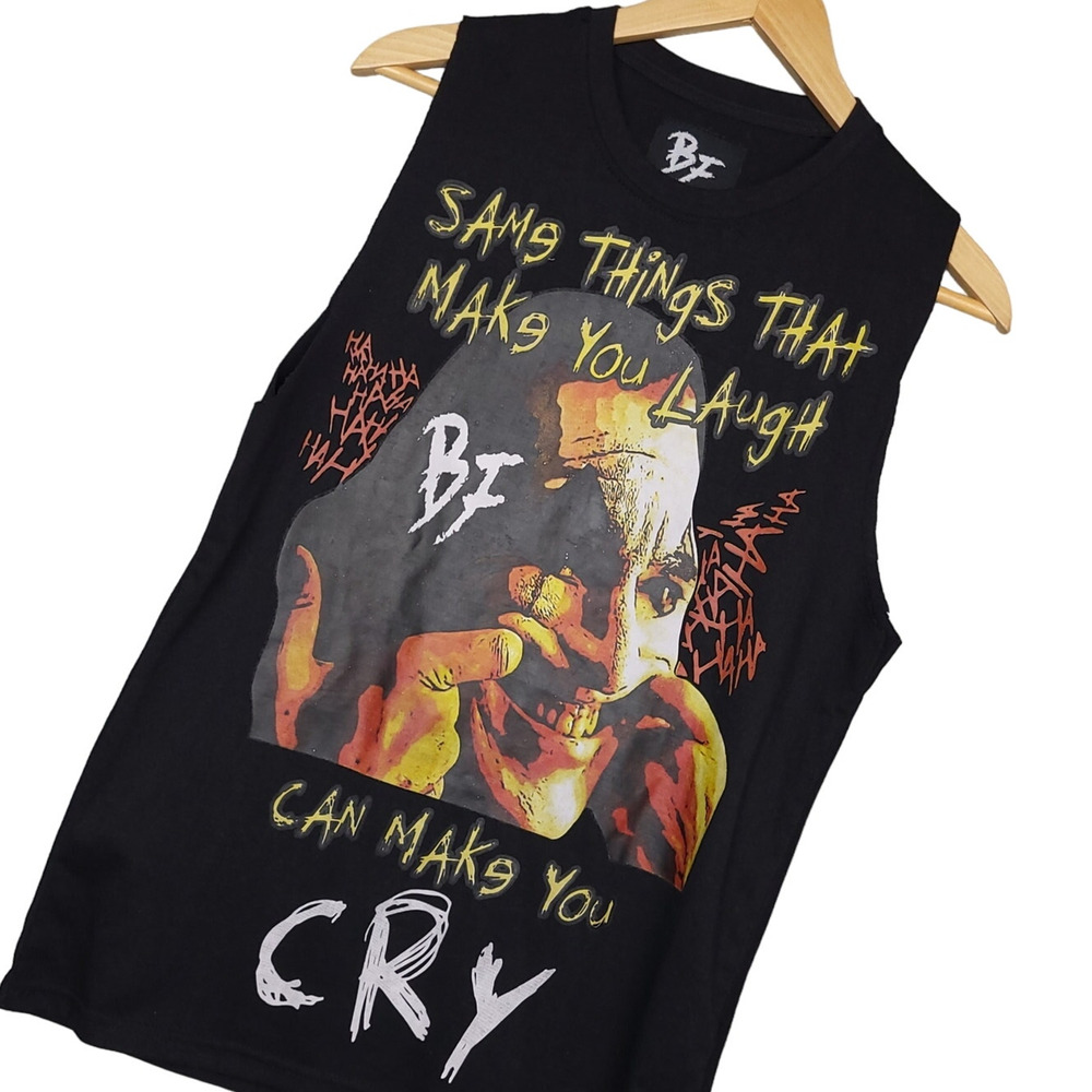 Joker Graphic T-Shirt Sz Medium Cut-Off Sleeves Black Batman Streetwear Gym EUC
